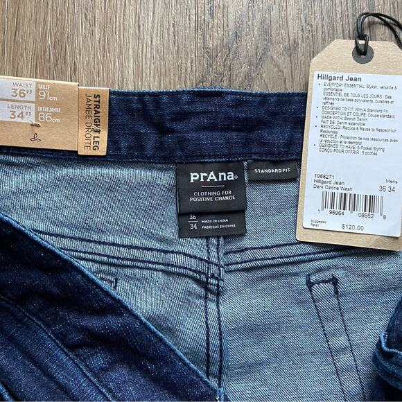 Prana Hillgard Jean Men’s 36x34 Dark Ozone Wash Standard Fit Straight Leg Hiking - Picture 3 of 7